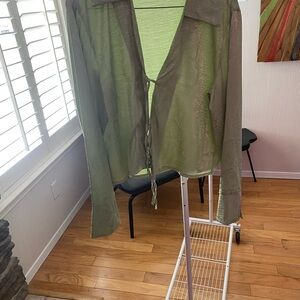 Flounce London satin tie front shirt in sage croc